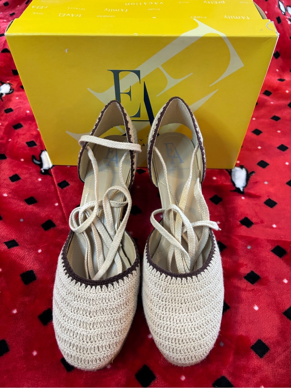 Espadrille Crochet Tie-Front Slingback Wedge Heels in Cream and Brown